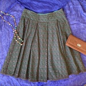 French Connection Skirt Brown Green Eyelet Crochet Pleated Size 2